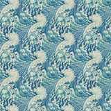 Fabric swatch of a blue velvet fabric with wave design, suitable for curtains and upholstery and with a stain resistant finish