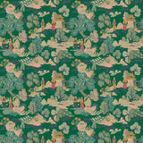 Fabric swatch of a printed velvet fabric featuring a Japanese-style toile in green.