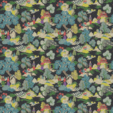 Printed velvet fabric swatch featuring a Japanese-style toile in blue and yellow.