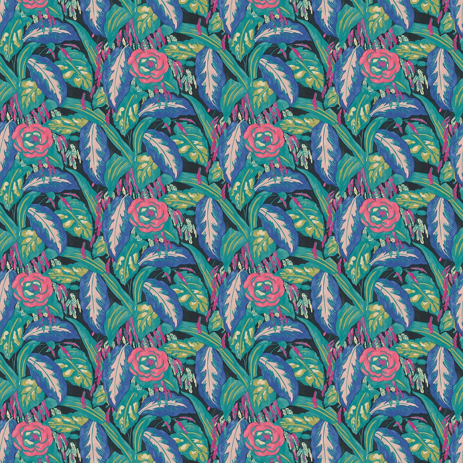 Fabric swatch of a floral-style printed velvet fabric in blues and greens.