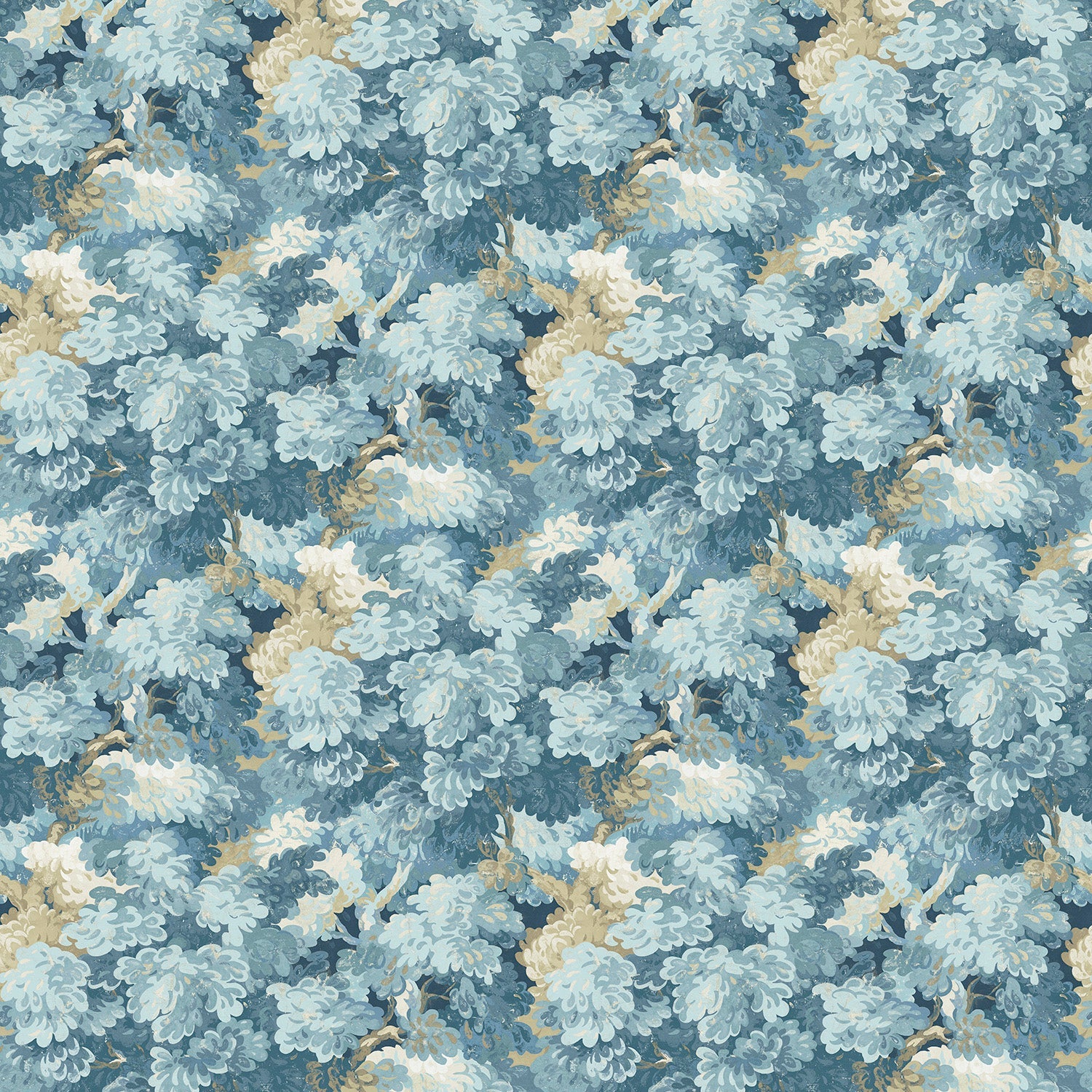 Sample of a printed velvet fabric featuring a classic oak leaf design in Cornflower.