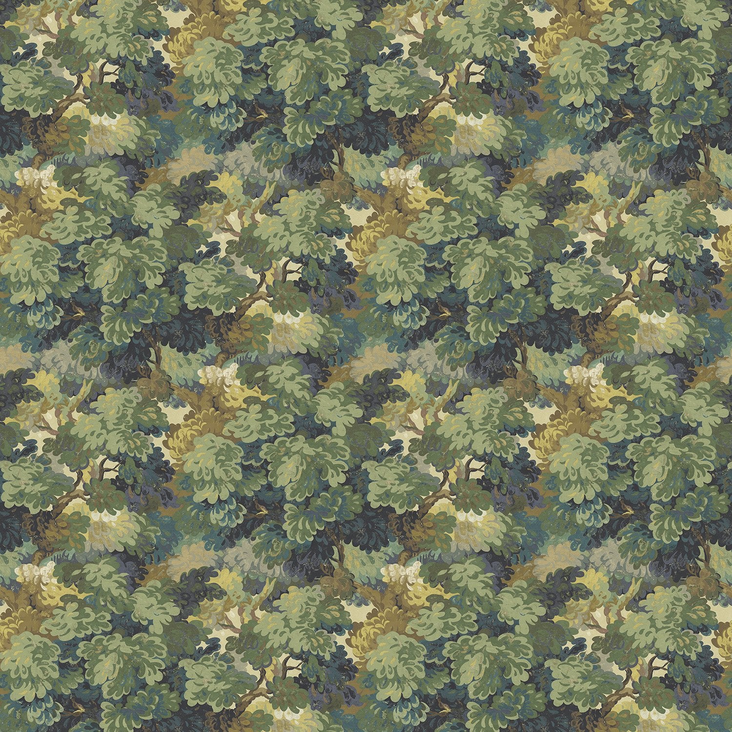 Sample of a printed velvet fabric featuring a classic oak leaf design in green.