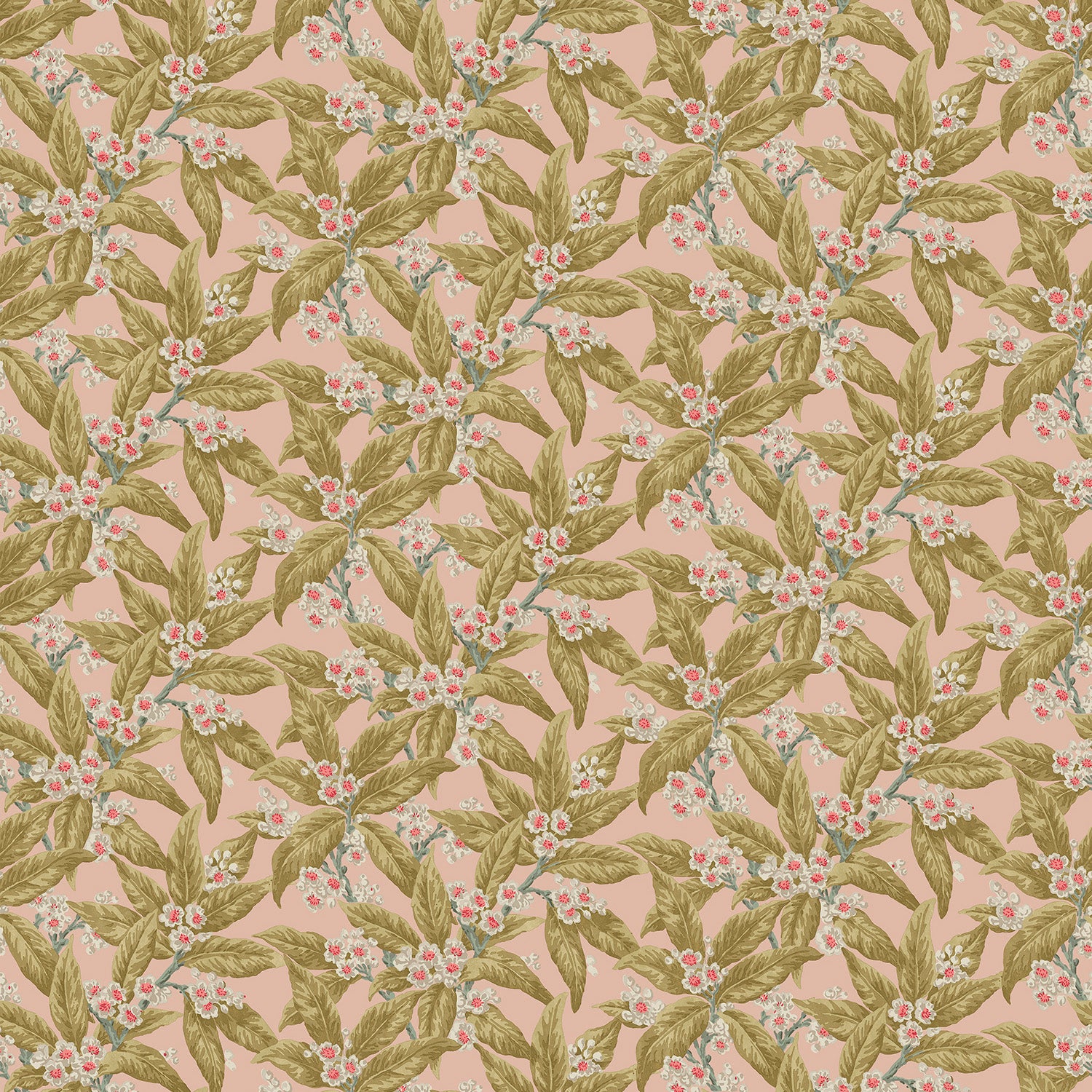 Fabric swatch of a light pink printed velvet fabric with ochre leaves and pretty flowers, suitable for curtains and upholstery and with a stain resistant finish