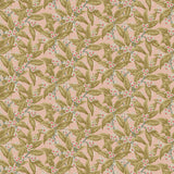 Fabric swatch of a light pink printed velvet fabric with ochre leaves and pretty flowers, suitable for curtains and upholstery and with a stain resistant finish