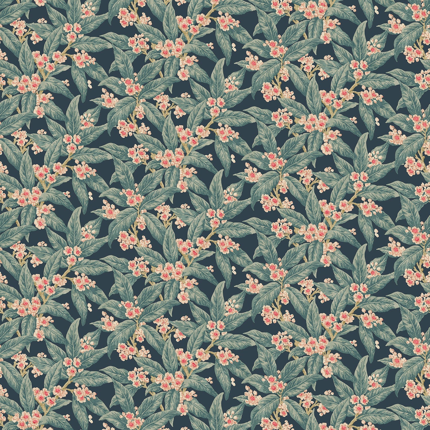 Fabric swatch of a dark blue velvet fabric with blue leaves and pretty flowers, suitable for curtains and upholstery and with a stain resistant finish