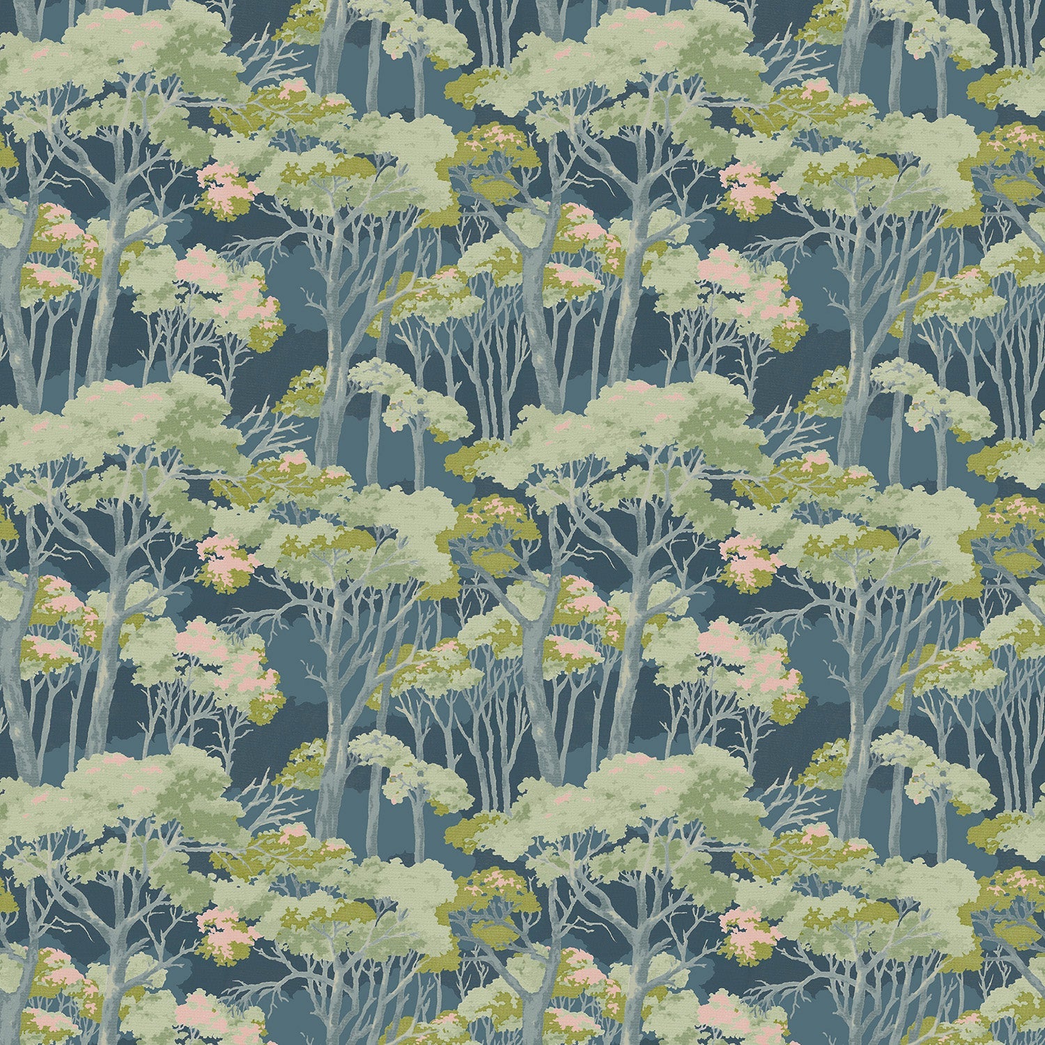 Printed velvet fabric swatch of a blue/green Japanese tree design.