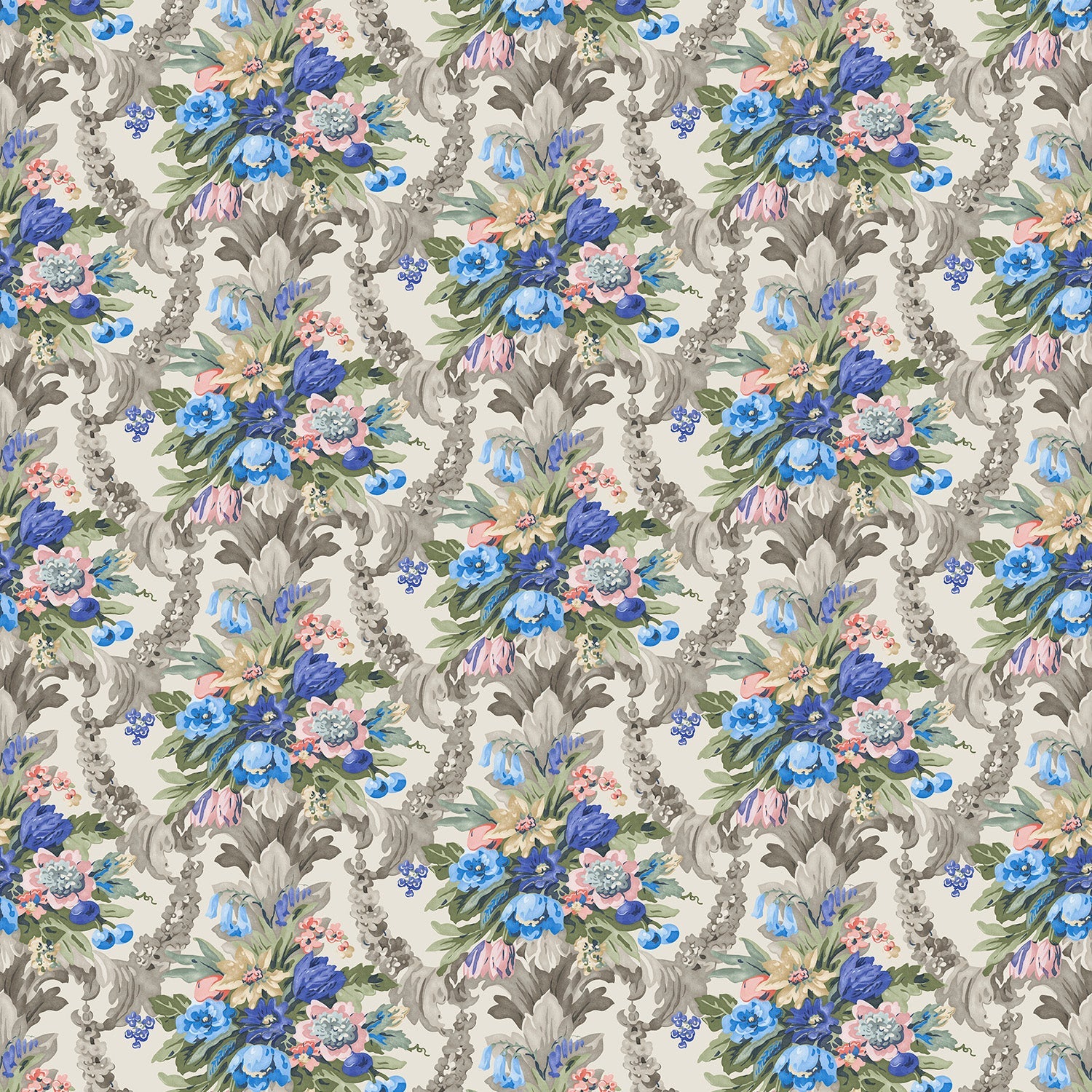 Fabric swatch of a light neutral velvet fabric for curtains and upholstery with a stain resistant finish and colourful floral bouquet