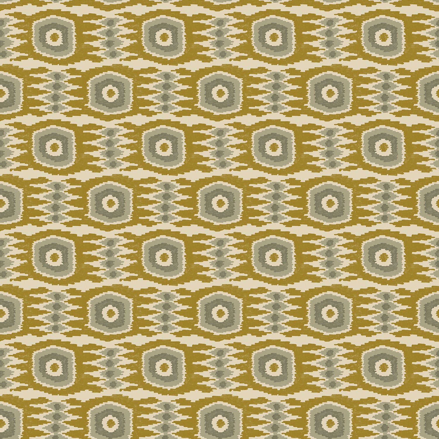 Fabric swatch of a printed velvet fabric featuring a fun, jazzy pattern in Ochre.