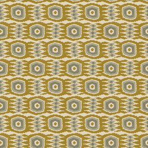 Fabric swatch of a printed velvet fabric featuring a fun, jazzy pattern in Ochre.