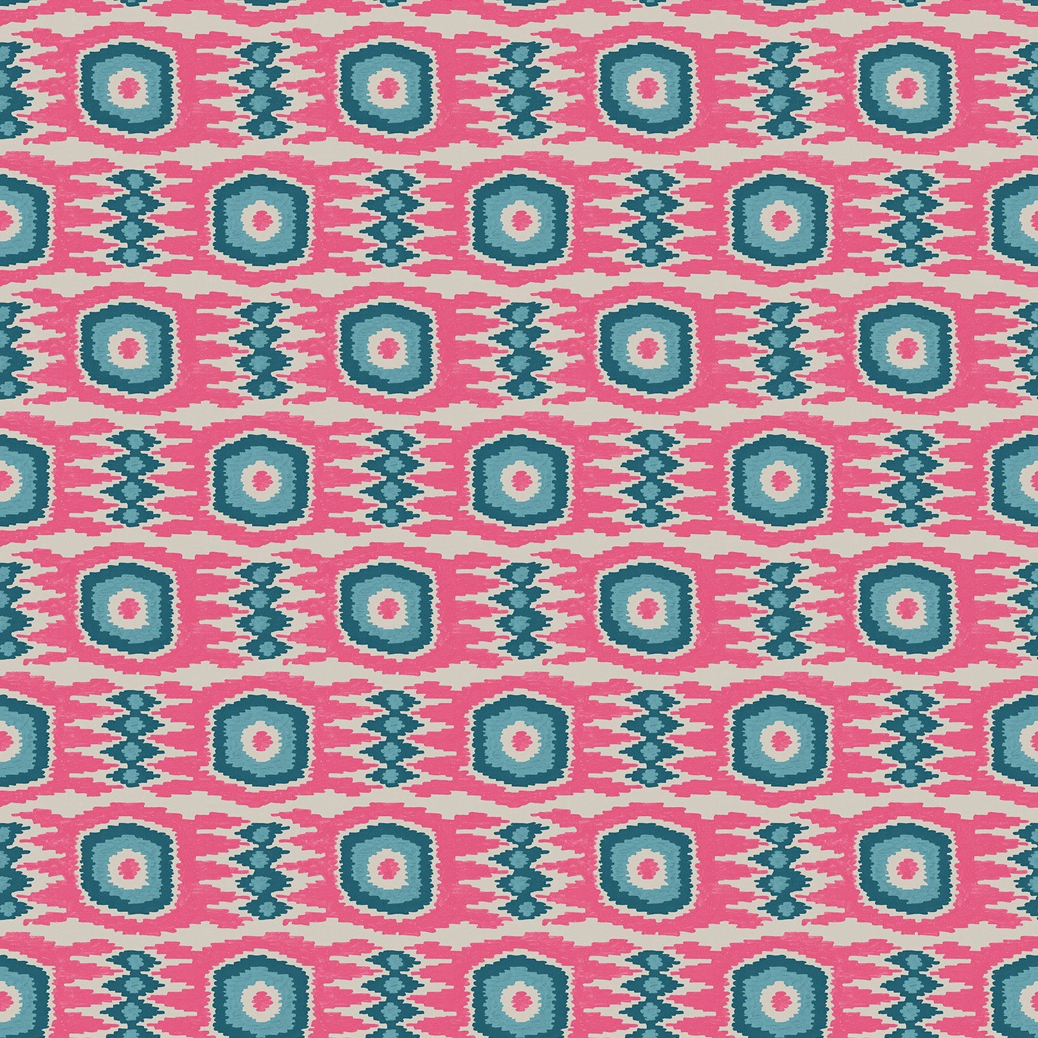 Fabric swatch of a printed velvet fabric featuring a fun, jazzy pattern in Candy Pink.