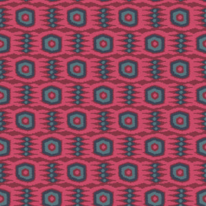 Fabric swatch of a printed velvet fabric featuring a fun, jazzy pattern in Berry.