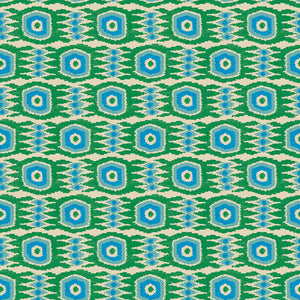 Fabric swatch of a printed velvet fabric featuring a fun, jazzy pattern in Seagreen.