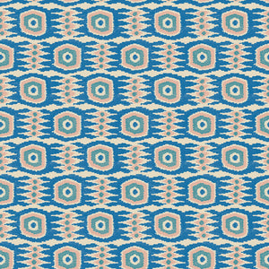 Fabric swatch of a printed velvet fabric featuring a fun, jazzy pattern in blue, green and pink.