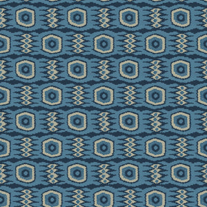 Fabric swatch of a printed velvet fabric featuring a fun, jazzy pattern in navy.