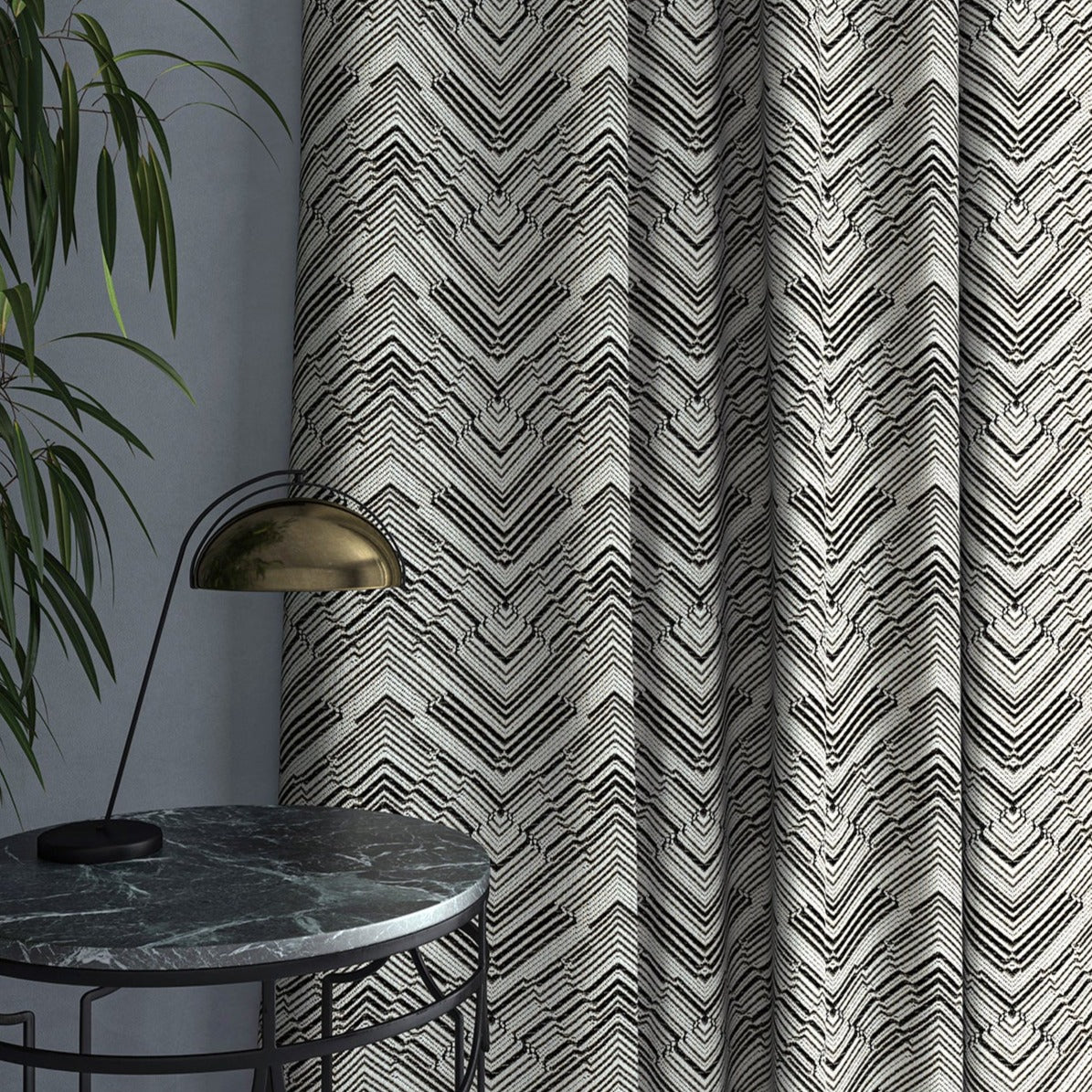 Curtain in a stain resistant grey herringbone weave fabric