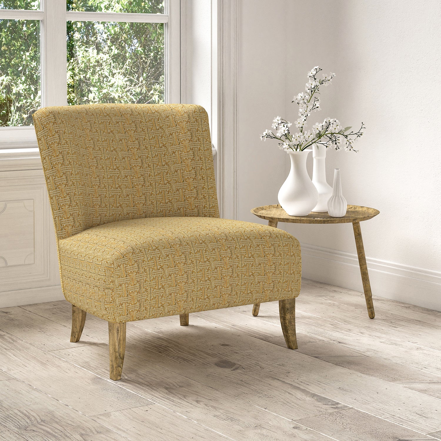 Chair upholstered in a stain resistant yellow fabric with geometric check design