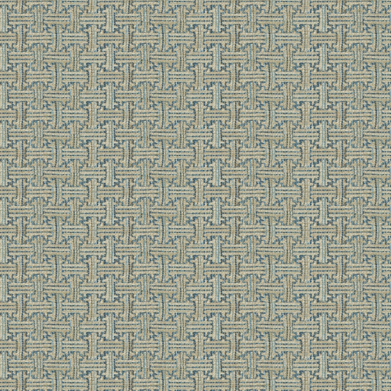 Fabric swatch of a stain resistant weave fabric with a geometric check design in blue colours
