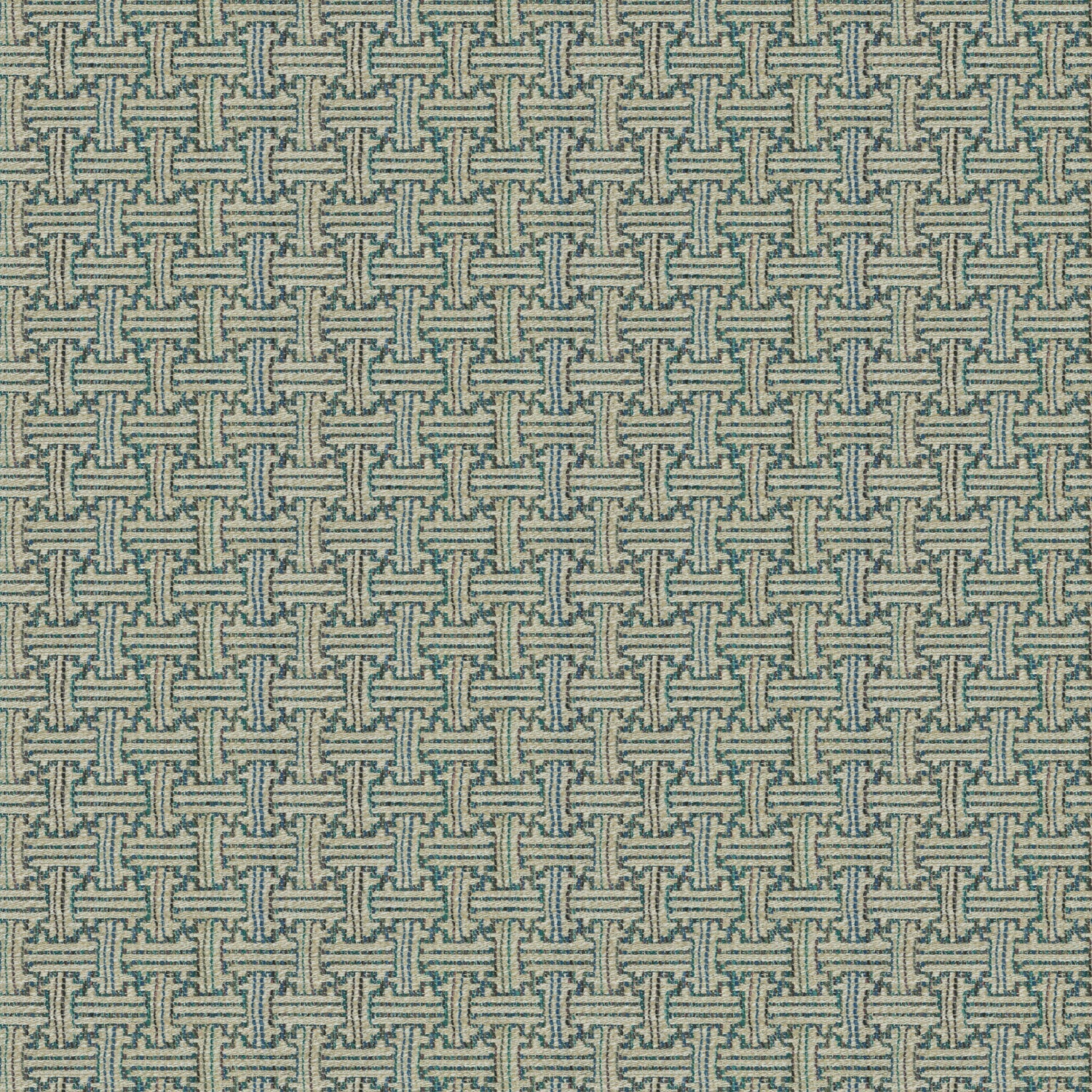 Fabric swatch of a stain resistant weave fabric with a geometric check design in blue colours