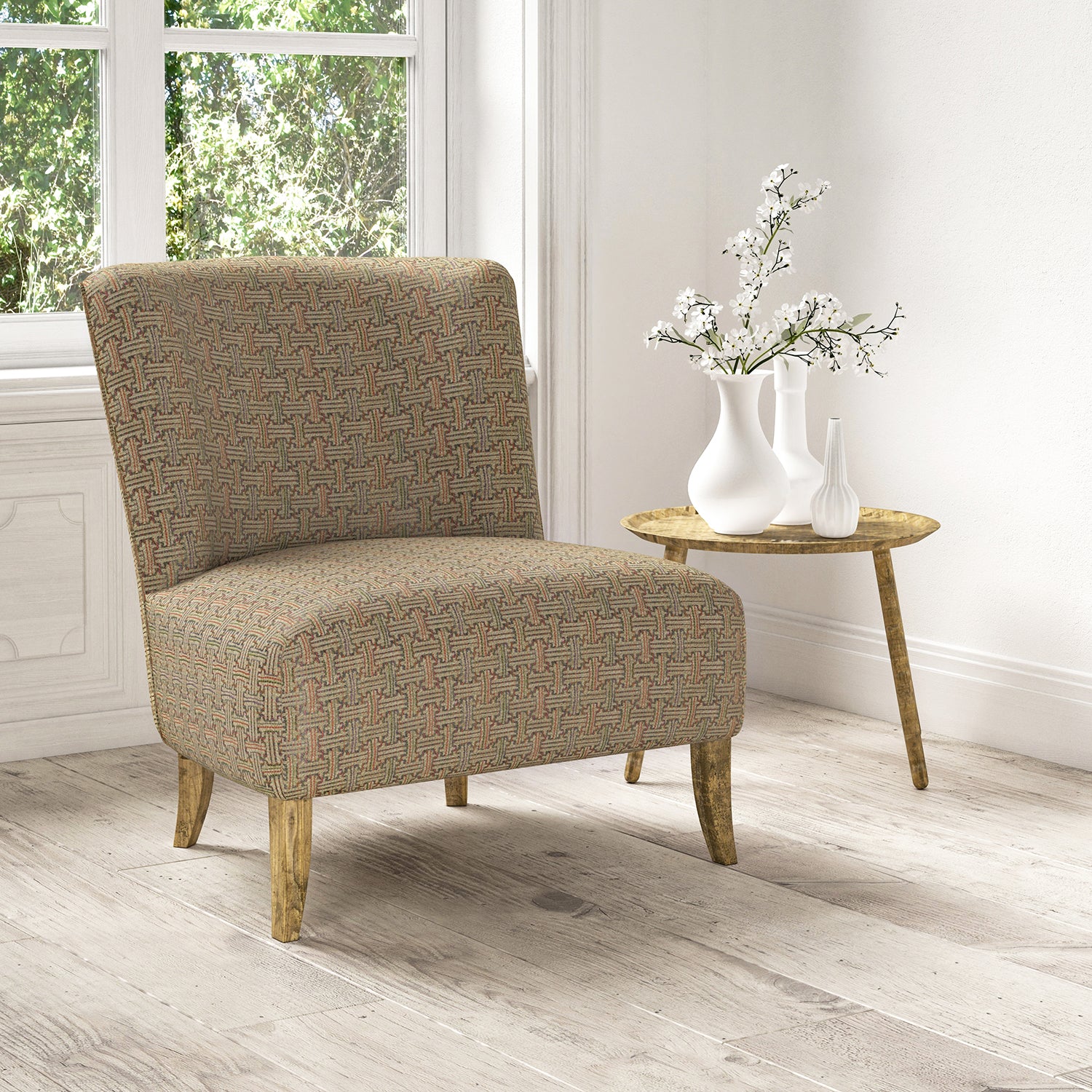 Chair upholstered in a stain resistant multicoloured fabric with geometric check design