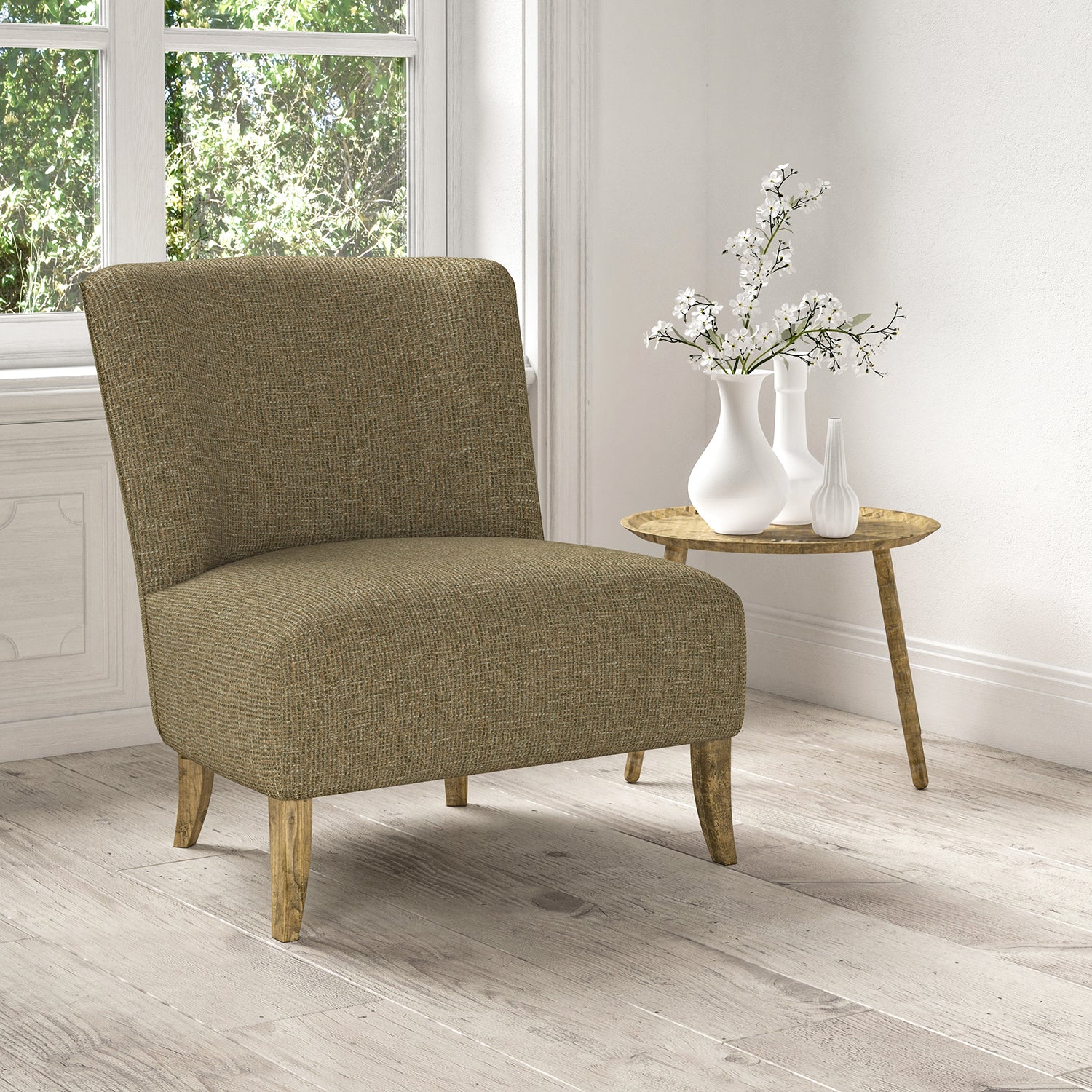 Chair upholstered in a stain resistant neutral fabric with a tweed design