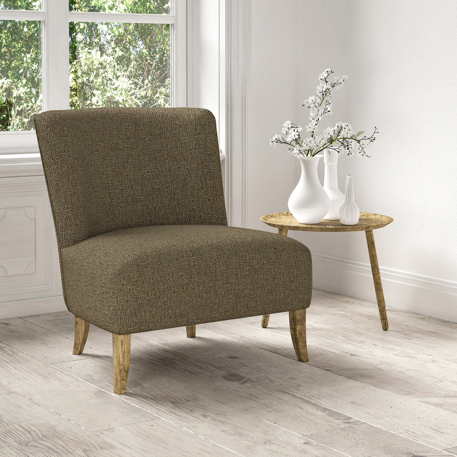 Chair upholstered in a stain resistant neutral fabric with a tweed design