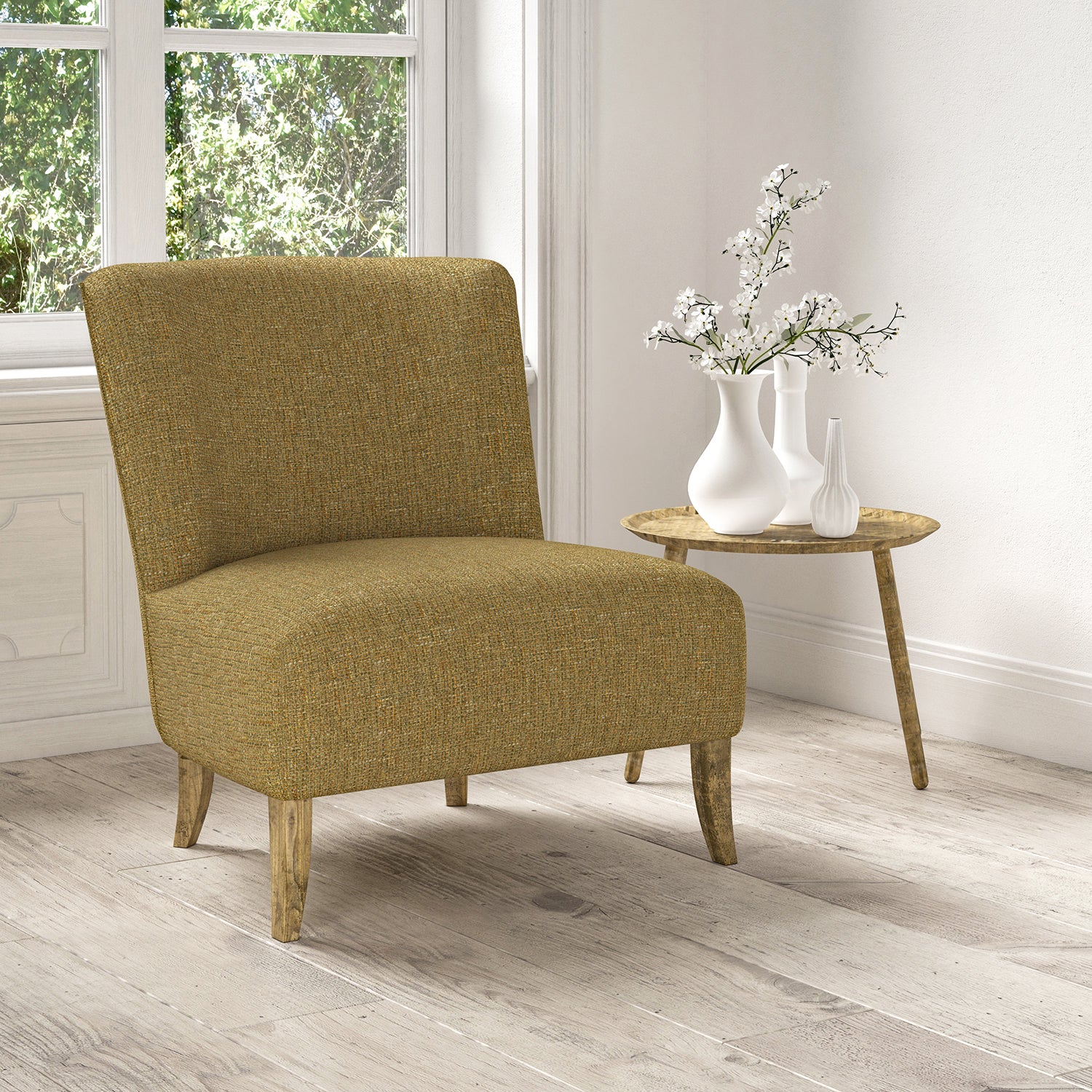 Chair upholstered in a stain resistant yellow fabric with a tweed design