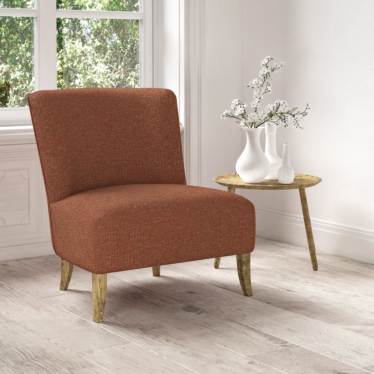 Chair upholstered in a stain resistant red fabric with a tweed design