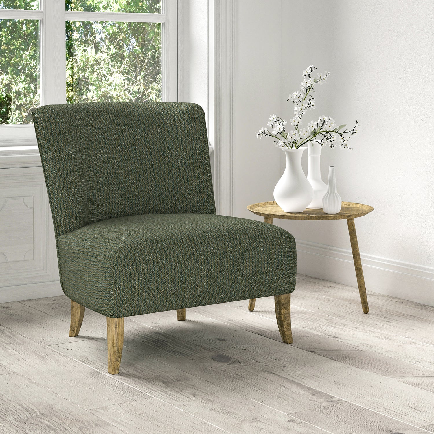 Chair upholstered in a stain resistant blue fabric with a tweed design