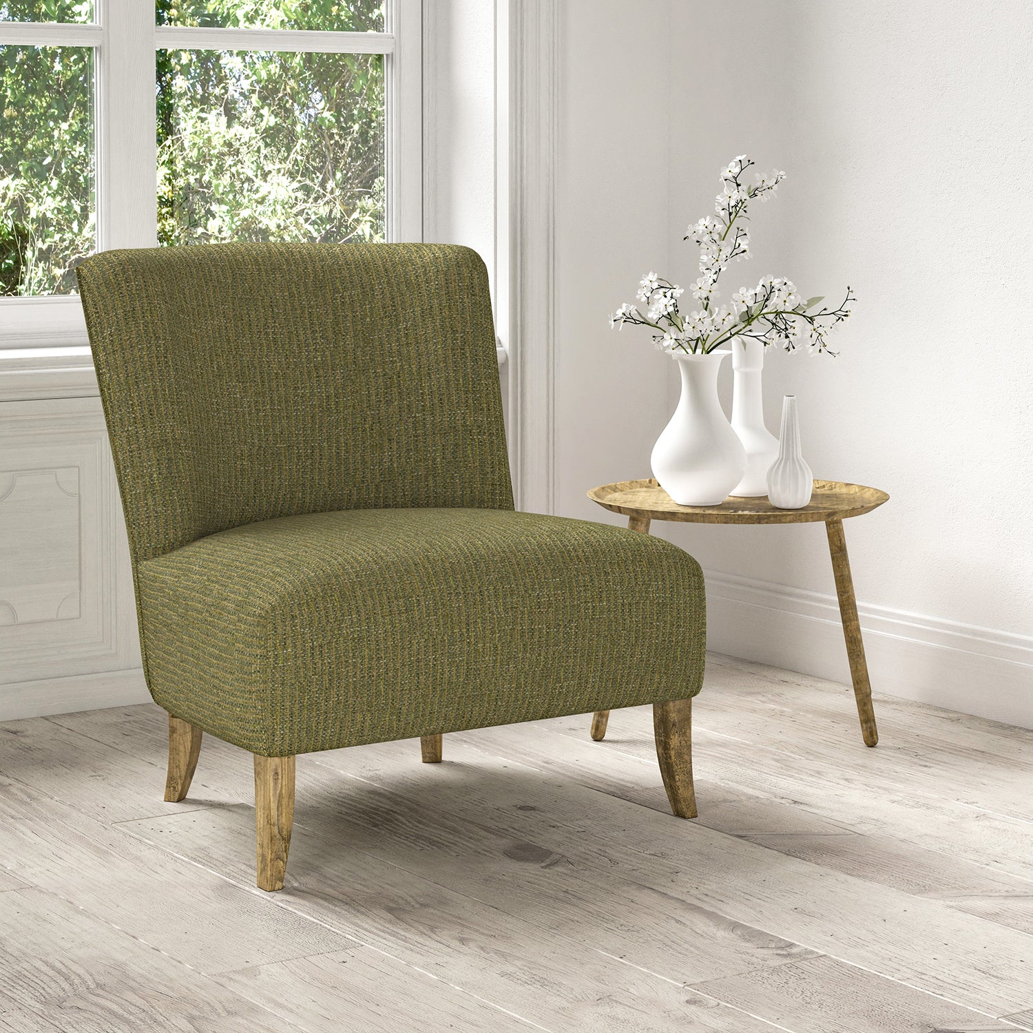 Chair upholstered in a stain resistant yellow fabric with a tweed design