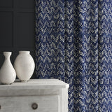 Velvet curtain in a blue velvet fabric with modern colour block design