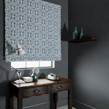 Velvet blind in a blue velvet fabric with a colour block design