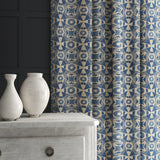Velvet curtain in a blue velvet fabric with a colour block design