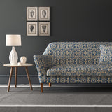 Velvet sofa in a blue velvet fabric with colour block design and stain resistant finish