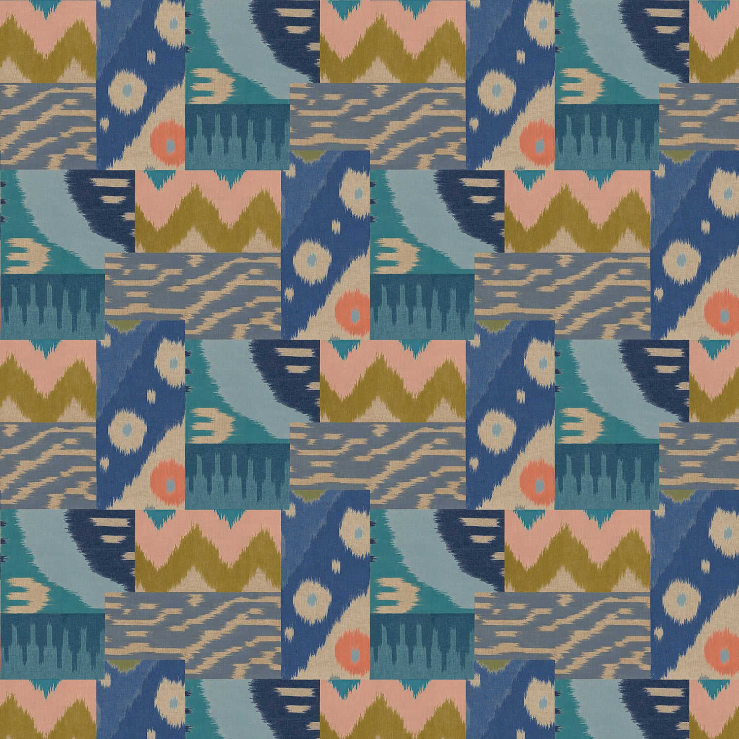Blue velvet fabric with a stain resistant finish and abstract geometric design