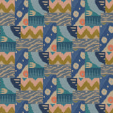 Blue velvet fabric with a stain resistant finish and abstract geometric design