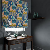 Velvet blind in a blue velvet fabric with abstract geometric design
