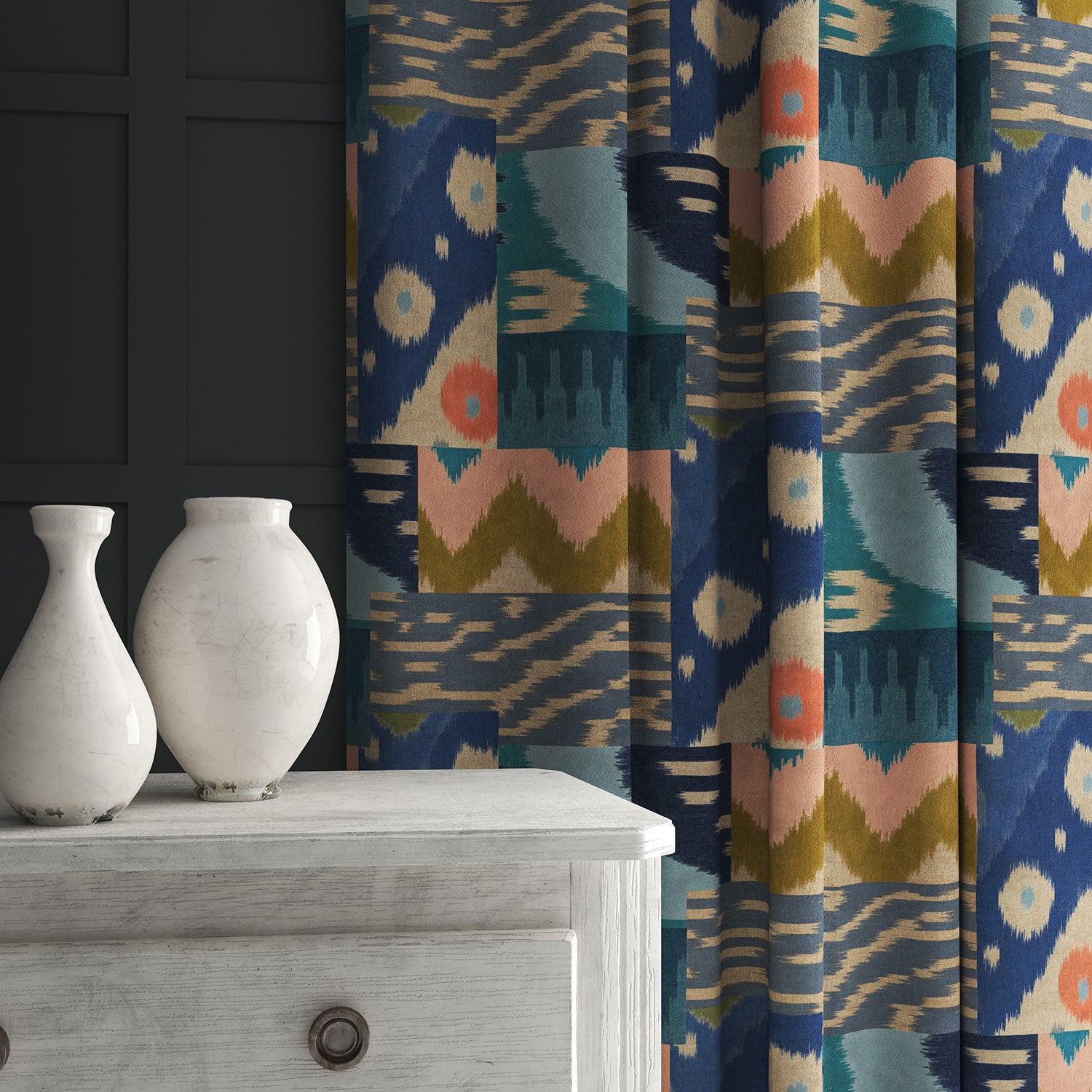 Velvet curtain in a blue velvet fabric with abstract geometric design