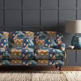 Velvet sofa in a stain resistant blue velvet fabric with abstract geometric design
