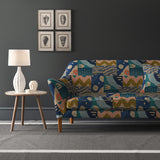 Velvet sofa in a stain resistant blue velvet fabric with abstract geometric design