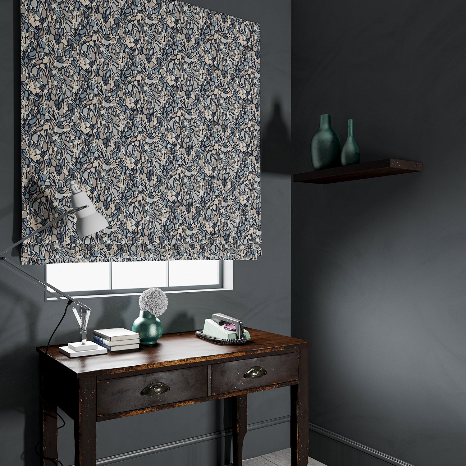 Velvet blind in a velvet fabric with a abstract blue design