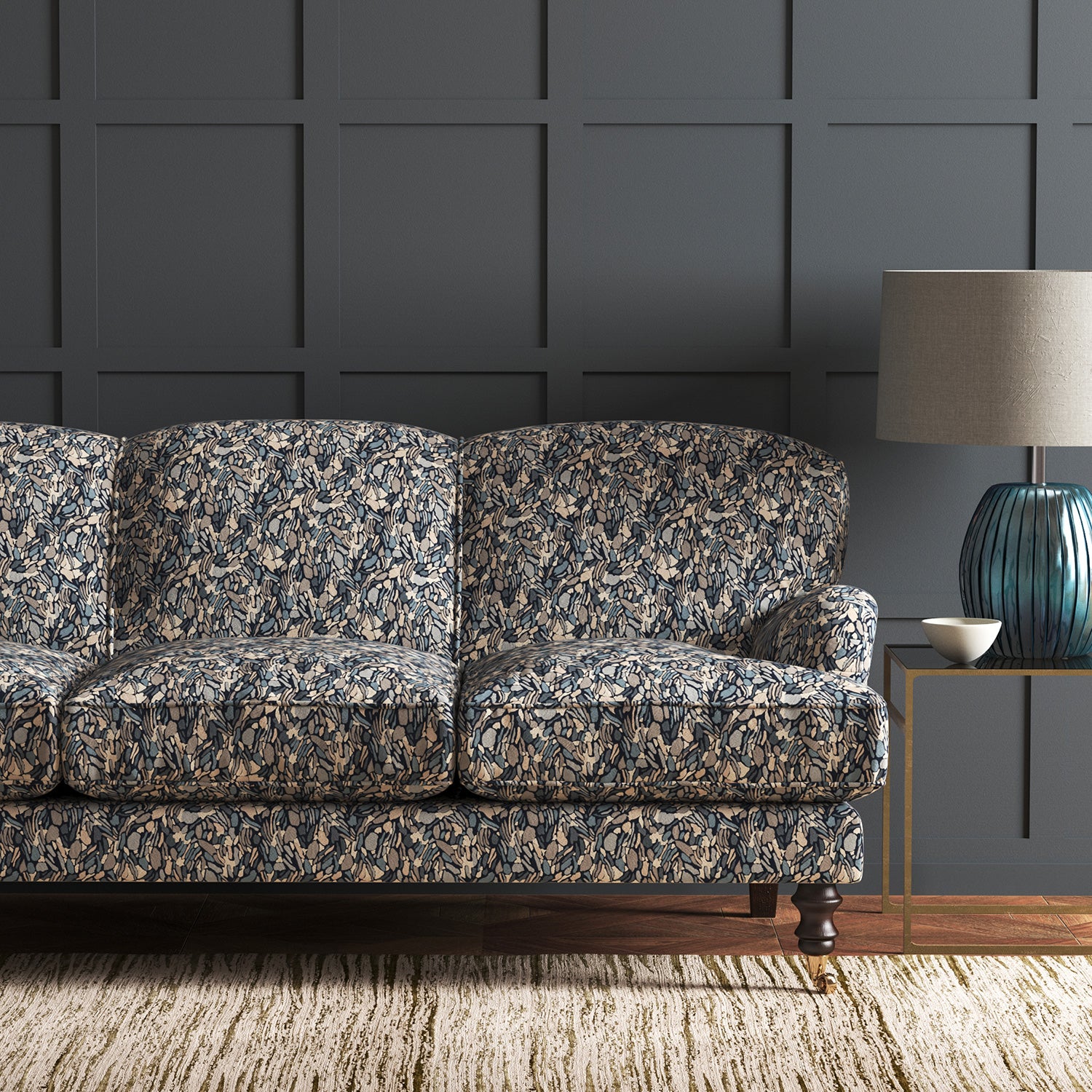 Velvet sofa in a stain resistant velvet fabric with a blue abstract design