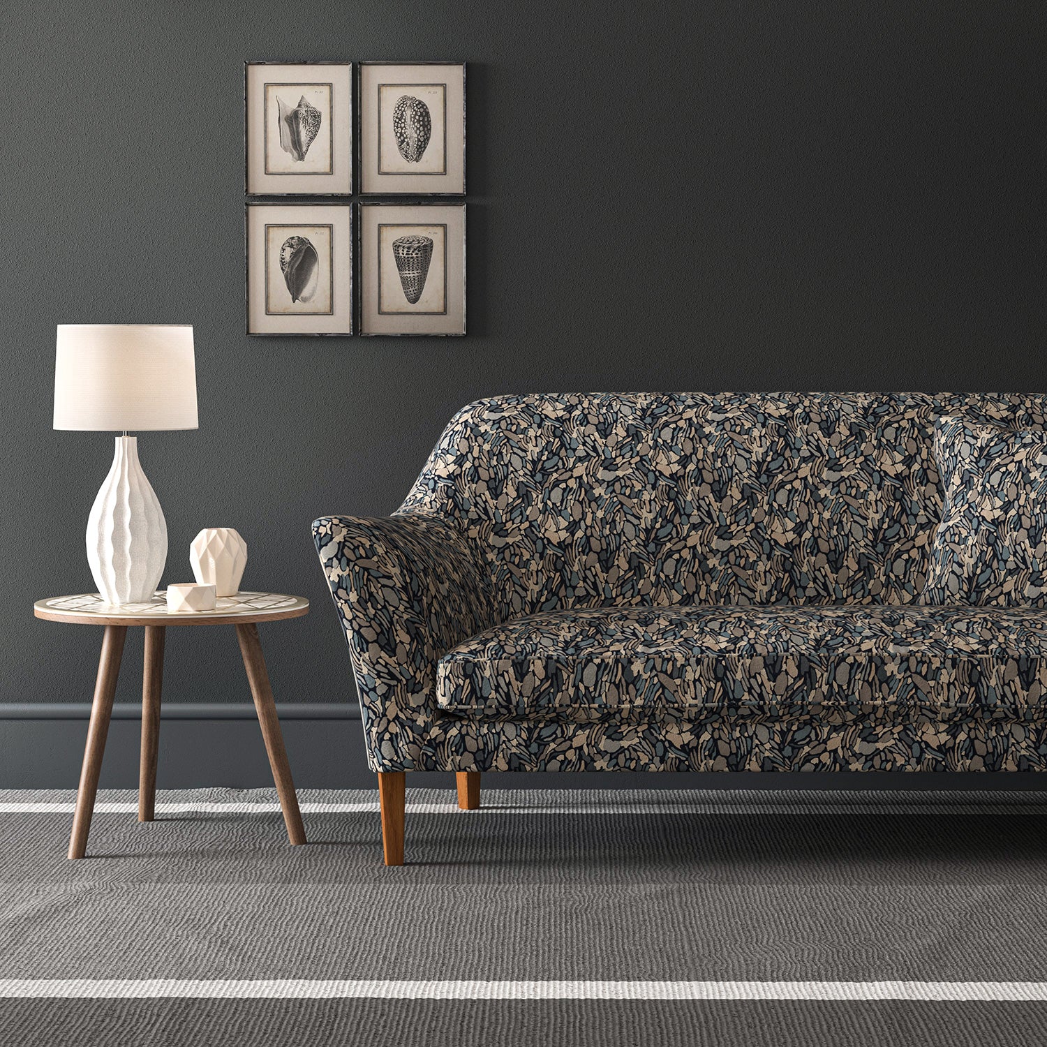 Velvet sofa in a stain resistant velvet fabric with a blue abstract design