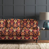Velvet sofa upholstered in a stain resistant velvet fabric with contemporary abstract design