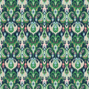 Velvet fabric with a stain resistant finish with an abstract contemporary design in green and blue colours