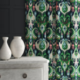 Velvet curtain in a blue and green velvet fabric with contemporary abstract design
