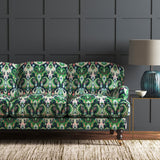 Velvet sofa upholstered in a stain resistant velvet fabric with contemporary abstract design