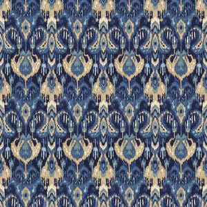 Velvet fabric with a stain resistant finish with an abstract contemporary design in blue colours
