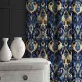 Velvet curtain in a blue velvet fabric with contemporary abstract design