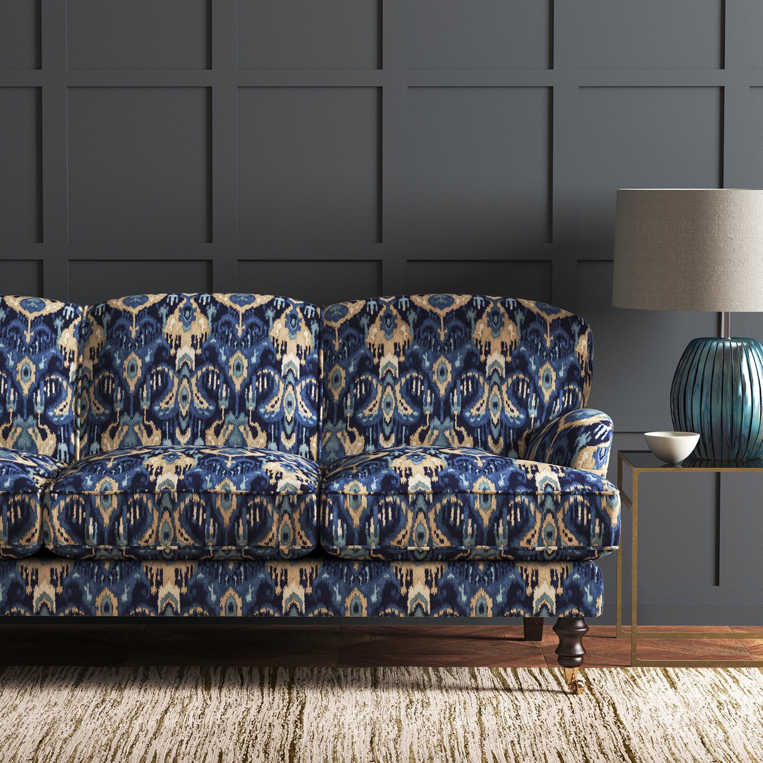 Velvet sofa upholstered in a stain resistant velvet fabric with contemporary abstract design