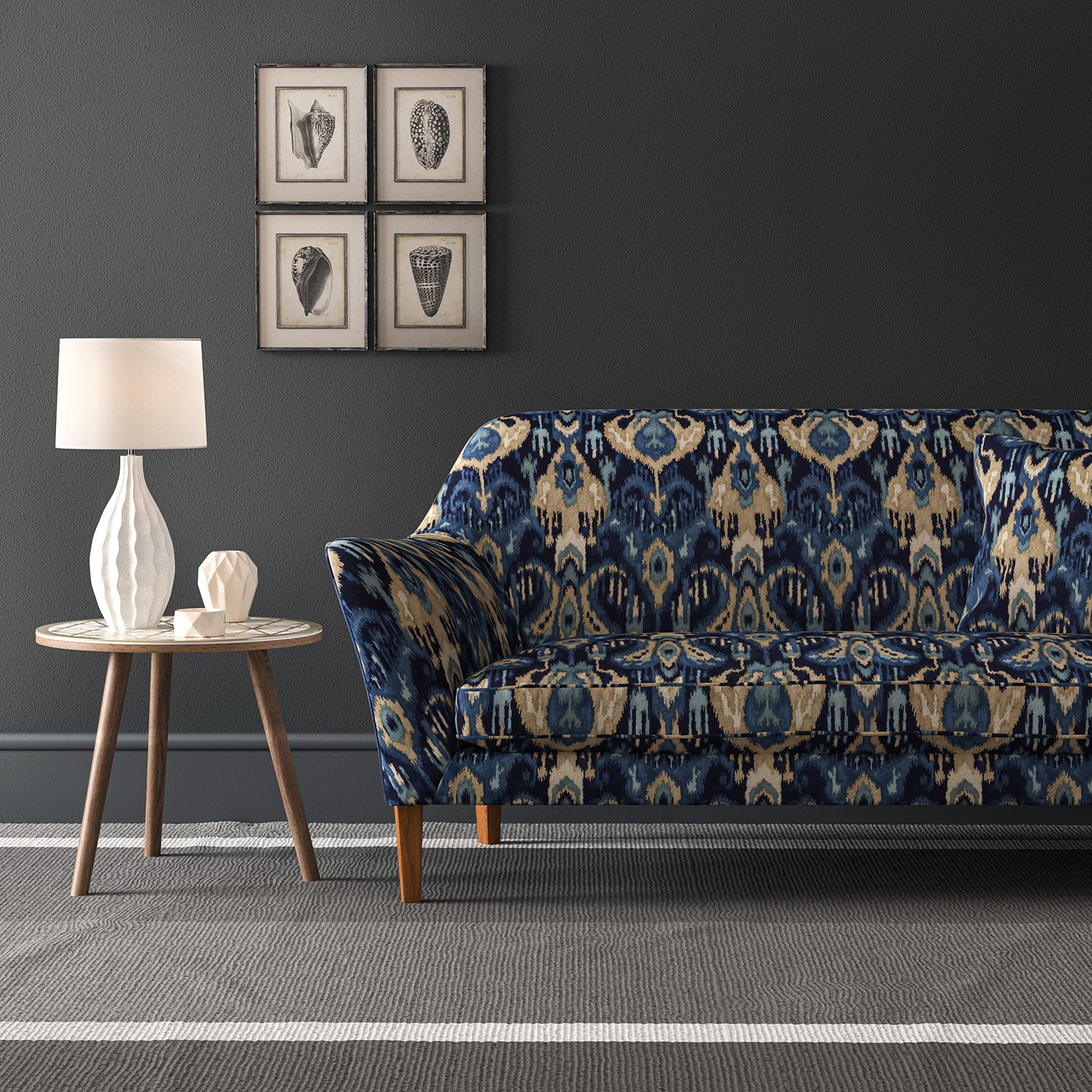 Velvet sofa upholstered in a stain resistant velvet fabric with contemporary abstract design